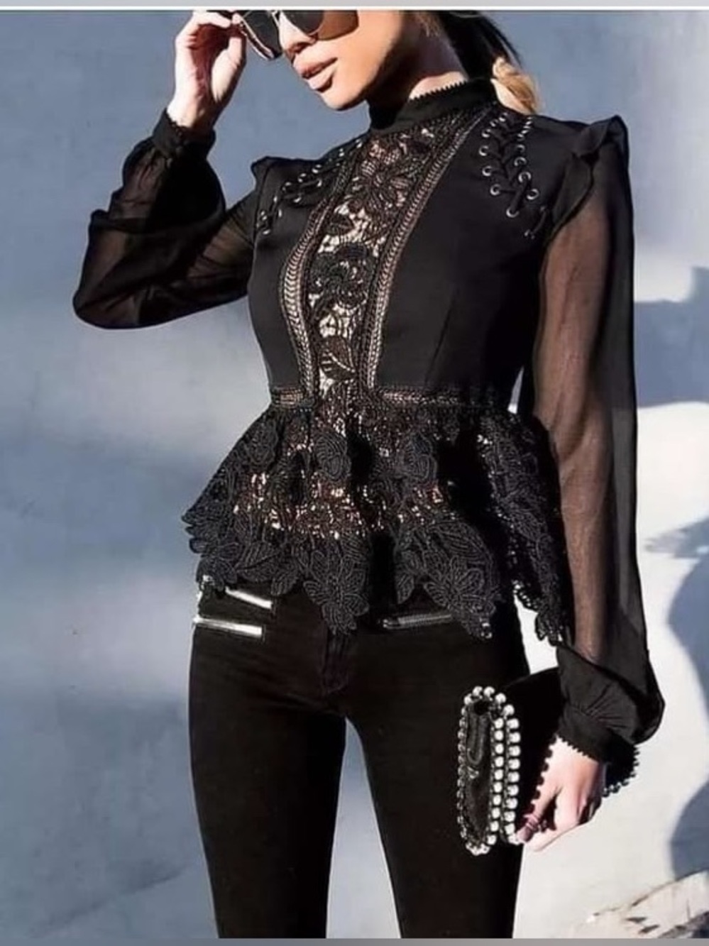 Self Portrait Lace-Up Georgette
Blouse - fits like small